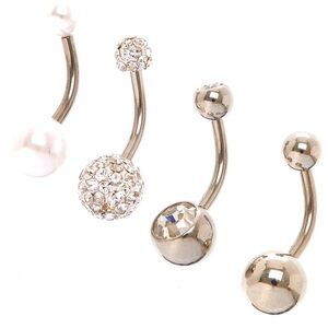 Claire’s Silver 14G Fireball & Faux Pearl Belly Rings - 4 Pack Titanium Post New